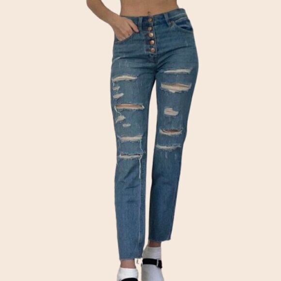 Free People Denim - Free People Distressed High Waist Straight Leg Jeans Size 27